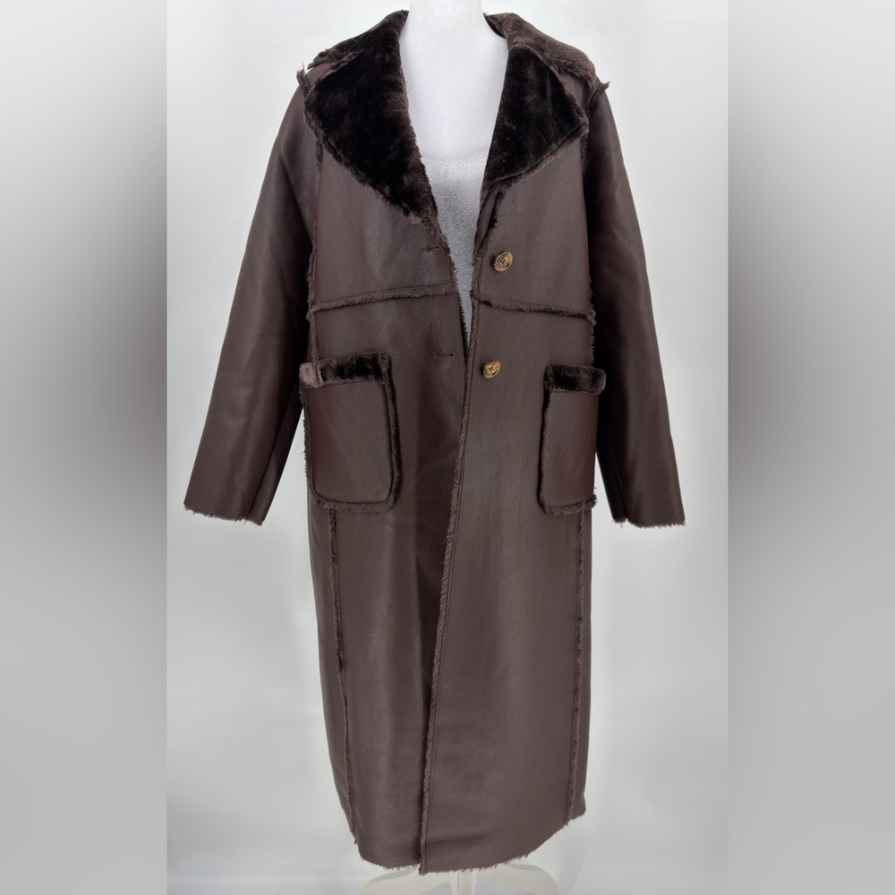 Jason Wi Shearling long Coat Cafe Noir Brown Teddy Lined Button Front Size M NWT - Picture 5 of 8